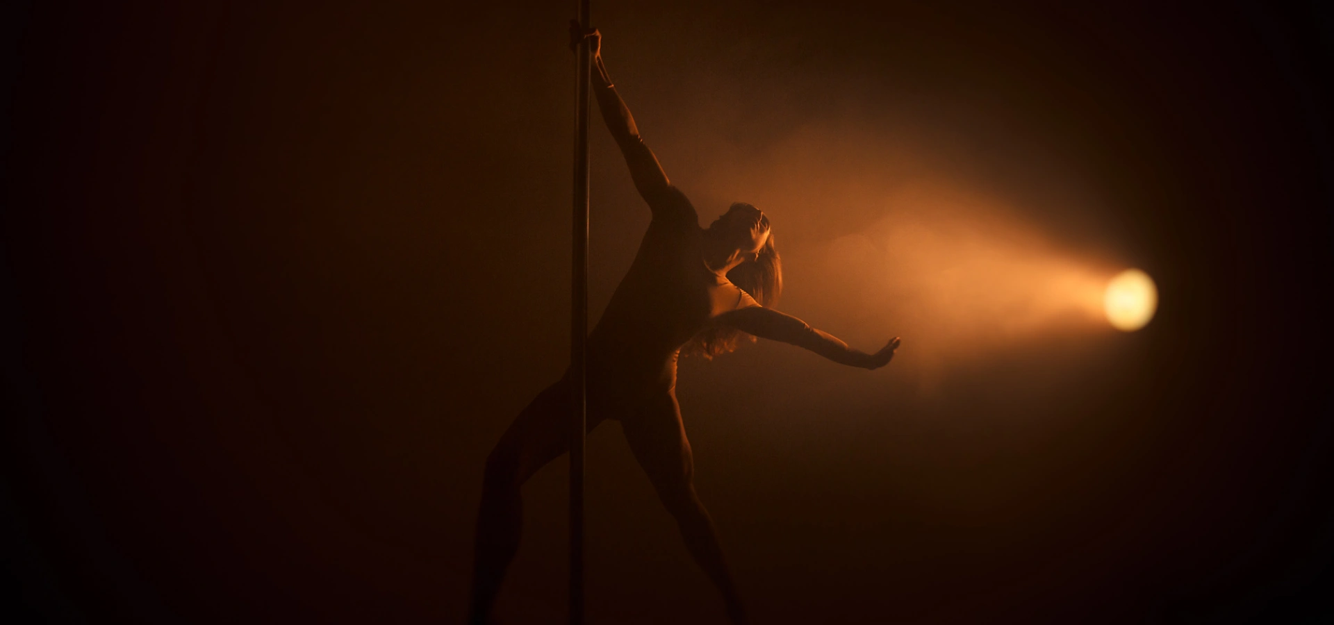 Danseuse de pole dance sur scène, silhouette éclairée par un projecteur dans une ambiance dramatique et artistique.